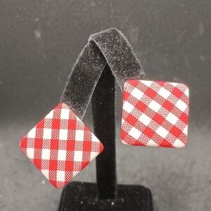 Red and White Checkered Square Earrings